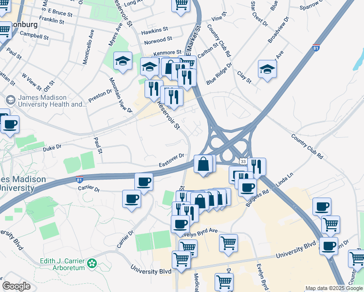 map of restaurants, bars, coffee shops, grocery stores, and more near 204 Governors Lane in Harrisonburg