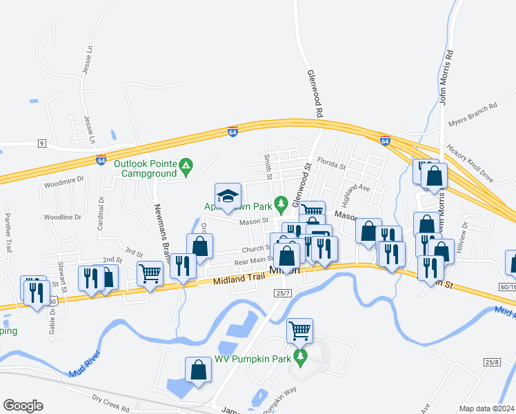 map of restaurants, bars, coffee shops, grocery stores, and more near 1249 Pike Street in Milton