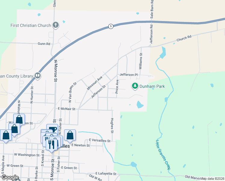 map of restaurants, bars, coffee shops, grocery stores, and more near 602 East Della Street in Versailles