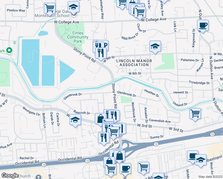 map of restaurants, bars, coffee shops, grocery stores, and more near 155 Stony Point Road in Santa Rosa
