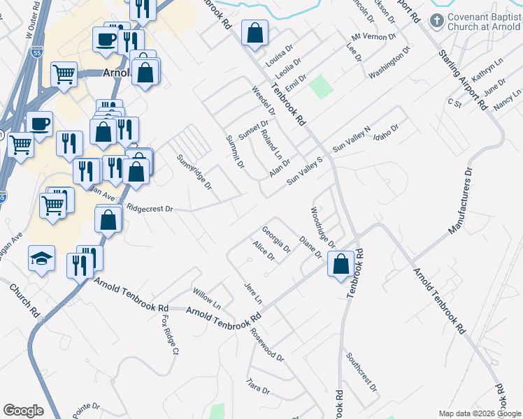 map of restaurants, bars, coffee shops, grocery stores, and more near 1069 Jere Lane in Arnold