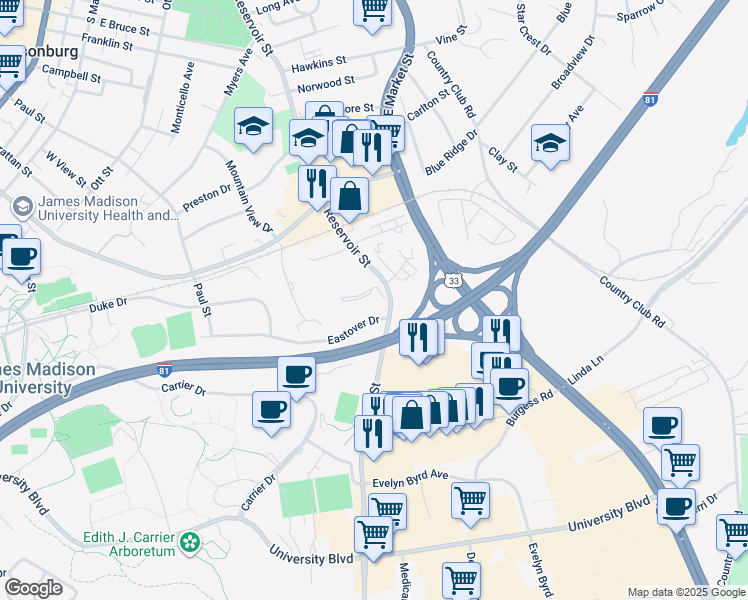map of restaurants, bars, coffee shops, grocery stores, and more near 204 Governors Lane in Harrisonburg