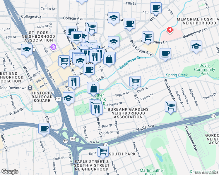 map of restaurants, bars, coffee shops, grocery stores, and more near 729 Sonoma Avenue in Santa Rosa
