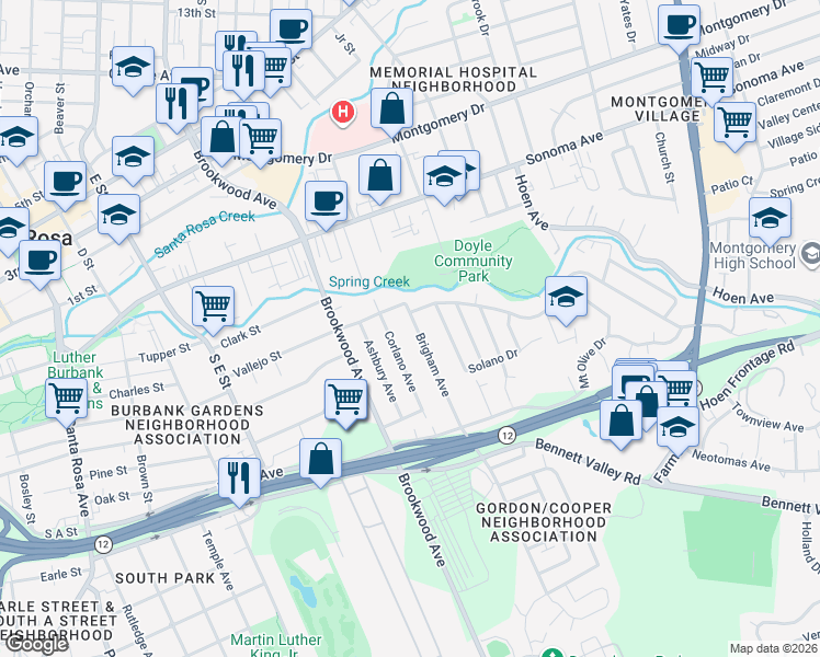 map of restaurants, bars, coffee shops, grocery stores, and more near 733 Brigham Avenue in Santa Rosa