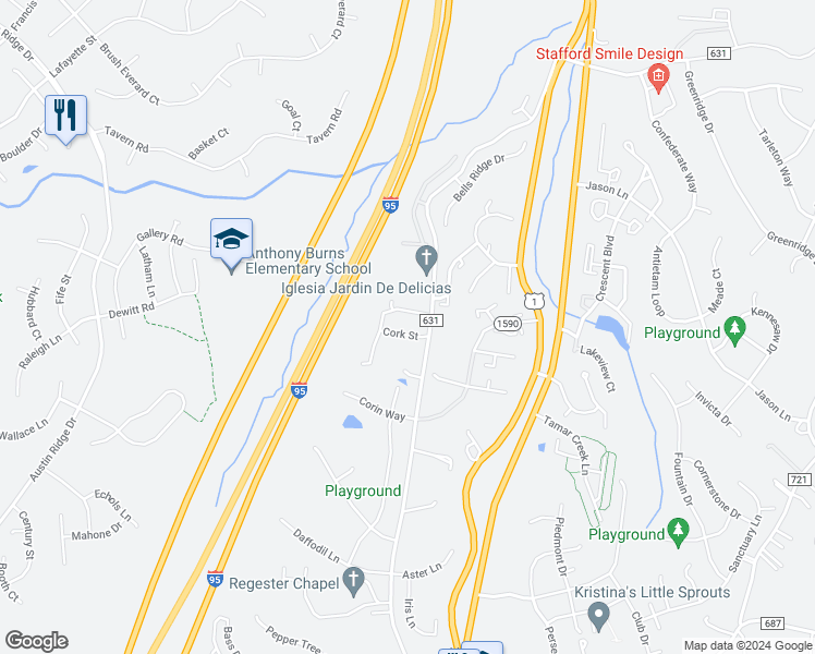 map of restaurants, bars, coffee shops, grocery stores, and more near 200 Cork Street in Stafford