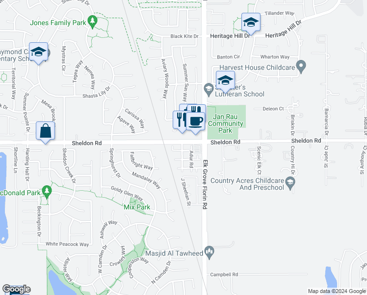 map of restaurants, bars, coffee shops, grocery stores, and more near 8819 Wheelton Road in Elk Grove