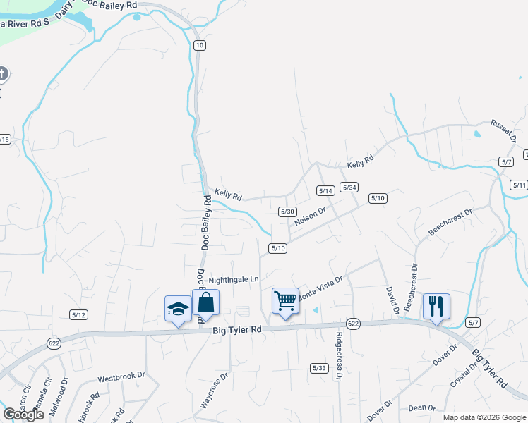 map of restaurants, bars, coffee shops, grocery stores, and more near 5235 Silverado Lane in Cross Lanes