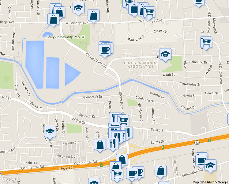 map of restaurants, bars, coffee shops, grocery stores, and more near 155 Stony Point Road in Santa Rosa