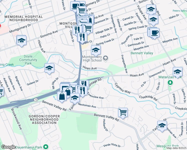 map of restaurants, bars, coffee shops, grocery stores, and more near 2591 Vallejo Street in Santa Rosa