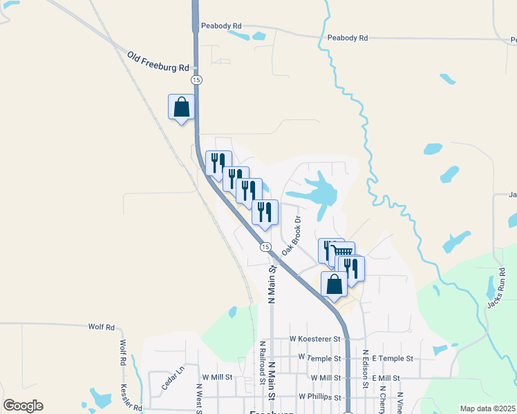 map of restaurants, bars, coffee shops, grocery stores, and more near 1 Deerfield Trailer Court in Freeburg