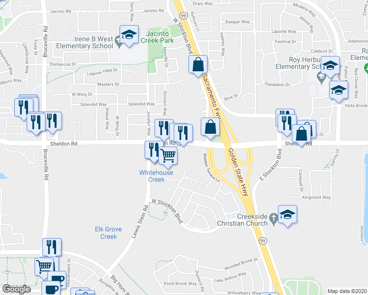 map of restaurants, bars, coffee shops, grocery stores, and more near 8180 Sheldon Road in Elk Grove