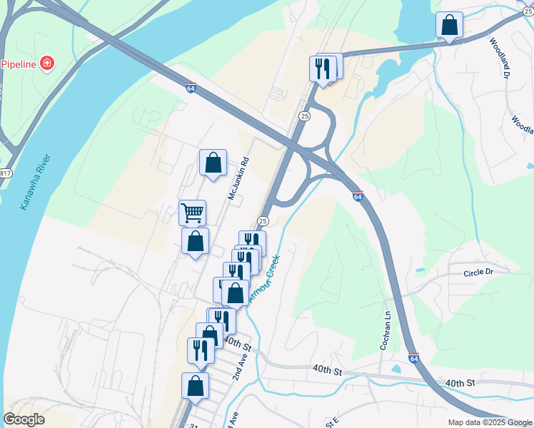map of restaurants, bars, coffee shops, grocery stores, and more near 4132 1st Avenue in Nitro