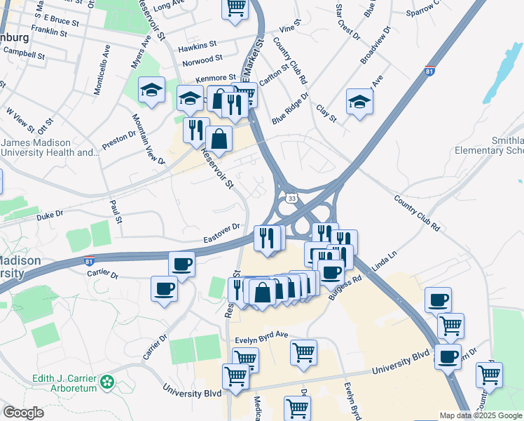 map of restaurants, bars, coffee shops, grocery stores, and more near 1450 Reservoir Street in Harrisonburg