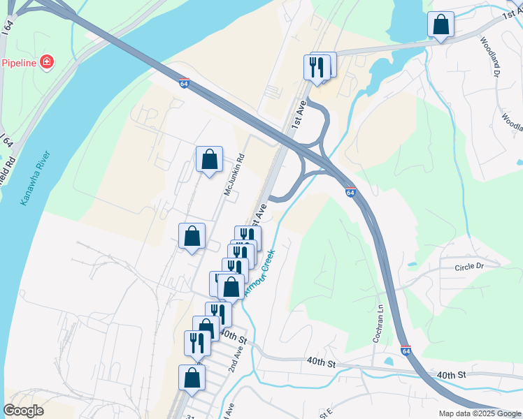 map of restaurants, bars, coffee shops, grocery stores, and more near 4132 1st Avenue in Nitro
