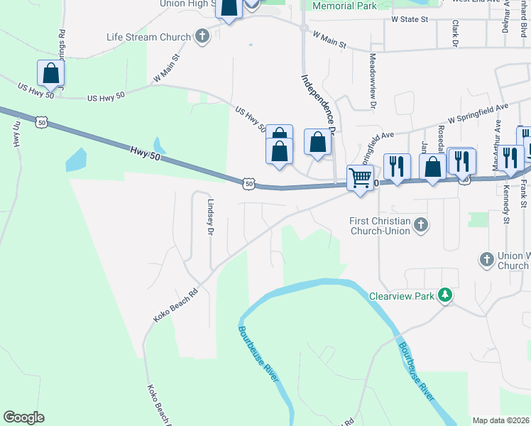 map of restaurants, bars, coffee shops, grocery stores, and more near 4 Ridge Point Meadows in Union