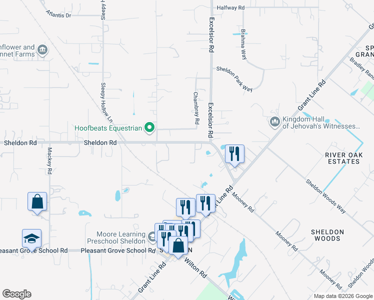 map of restaurants, bars, coffee shops, grocery stores, and more near 10474 Sheldon Road in Elk Grove