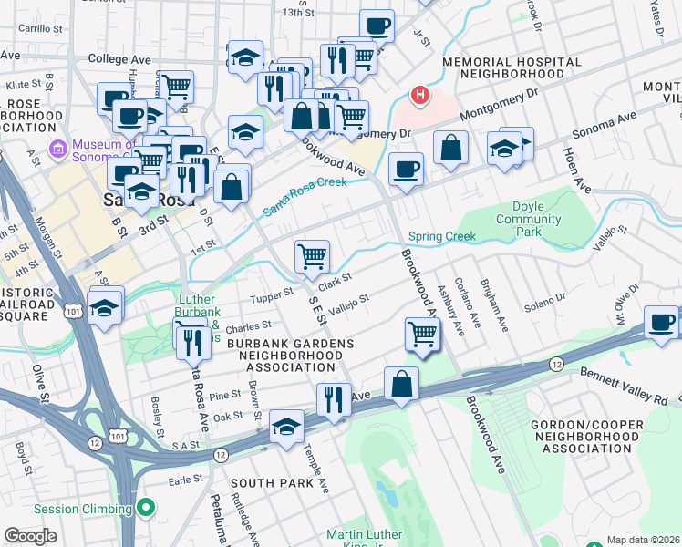 map of restaurants, bars, coffee shops, grocery stores, and more near 1016 Clark Street in Santa Rosa