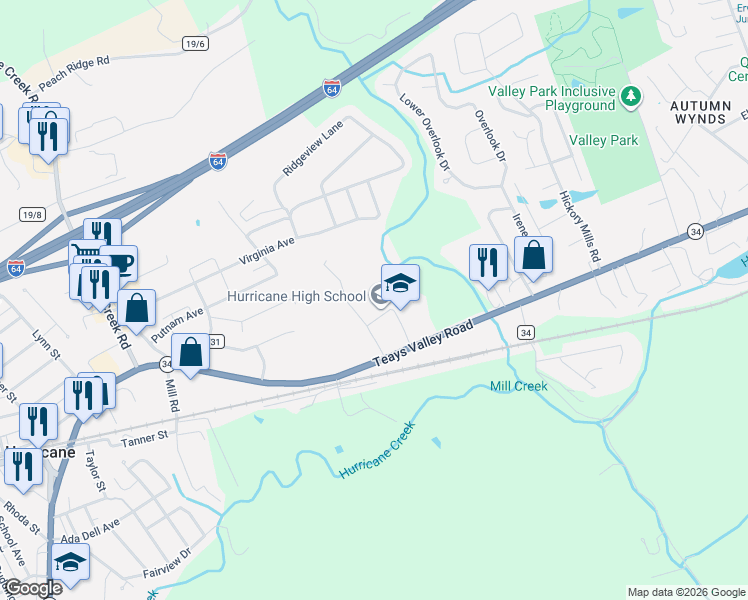 map of restaurants, bars, coffee shops, grocery stores, and more near 625 Teays Valley Road in Hurricane