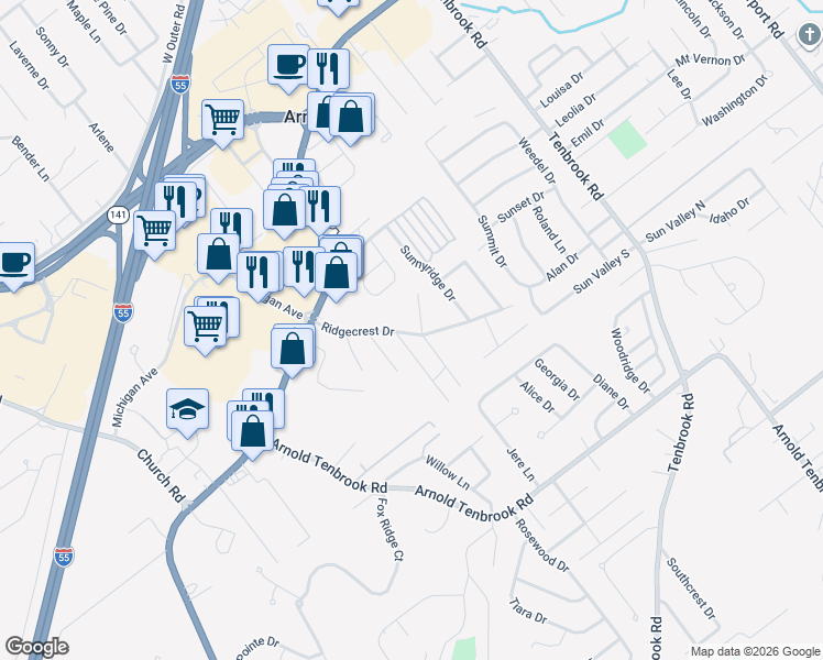 map of restaurants, bars, coffee shops, grocery stores, and more near 2369 Ridgecrest Drive in Arnold