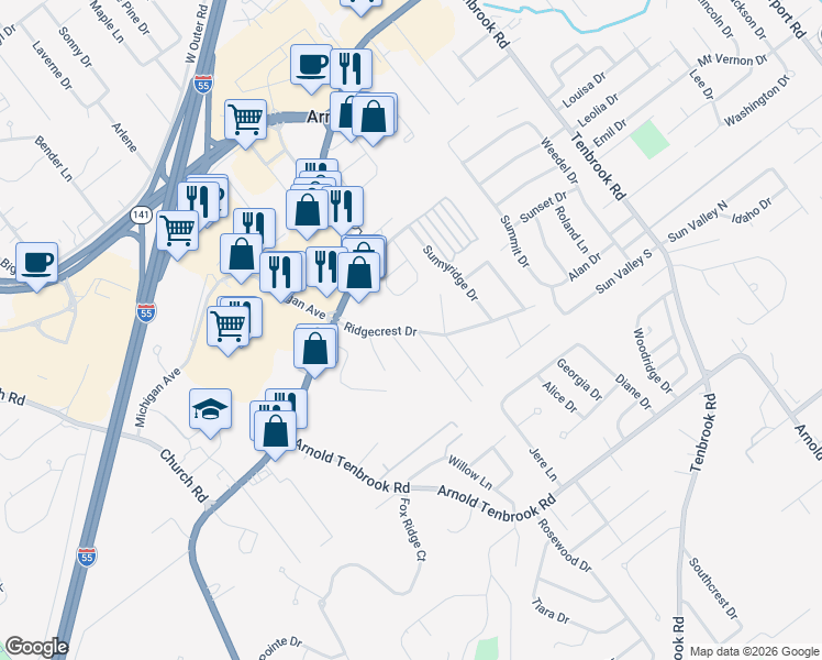 map of restaurants, bars, coffee shops, grocery stores, and more near 2369 Ridgecrest Drive in Arnold