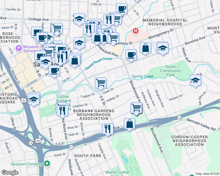 map of restaurants, bars, coffee shops, grocery stores, and more near 1016 Clark Street in Santa Rosa