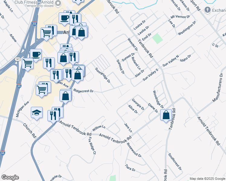 map of restaurants, bars, coffee shops, grocery stores, and more near 2433 Ridgecrest Drive in Arnold