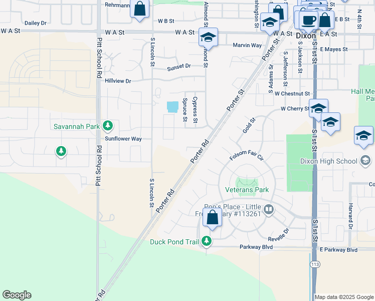 map of restaurants, bars, coffee shops, grocery stores, and more near 7697 Porter Rd in Dixon
