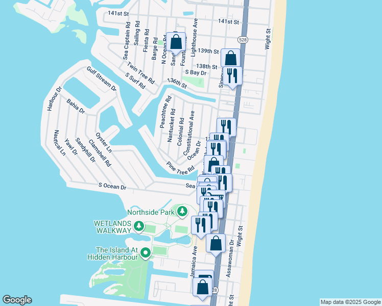 map of restaurants, bars, coffee shops, grocery stores, and more near 109 Ocean Drive in Ocean City