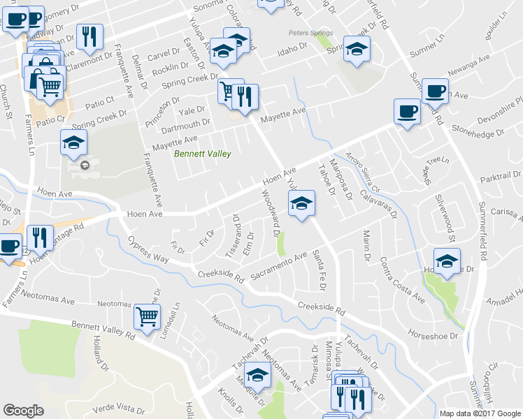 map of restaurants, bars, coffee shops, grocery stores, and more near 3815 Douglas Drive in Santa Rosa