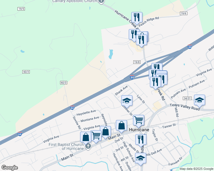 map of restaurants, bars, coffee shops, grocery stores, and more near Interstate 64 in Hurricane