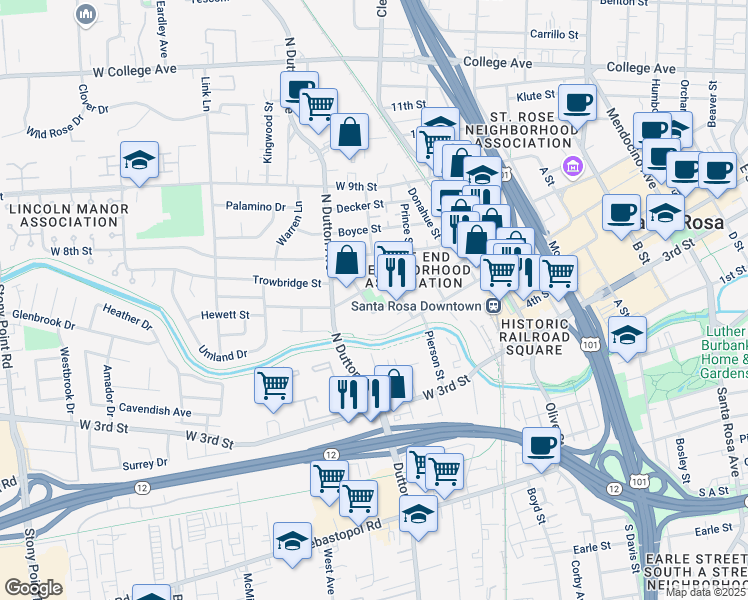 map of restaurants, bars, coffee shops, grocery stores, and more near 610 Polk Street in Santa Rosa