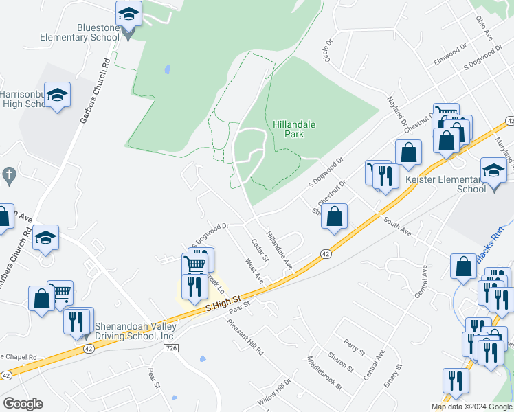 map of restaurants, bars, coffee shops, grocery stores, and more near 460 Hillandale Avenue in Harrisonburg