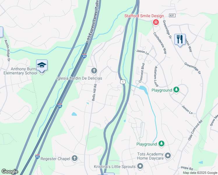 map of restaurants, bars, coffee shops, grocery stores, and more near 105 Essex Street in Stafford