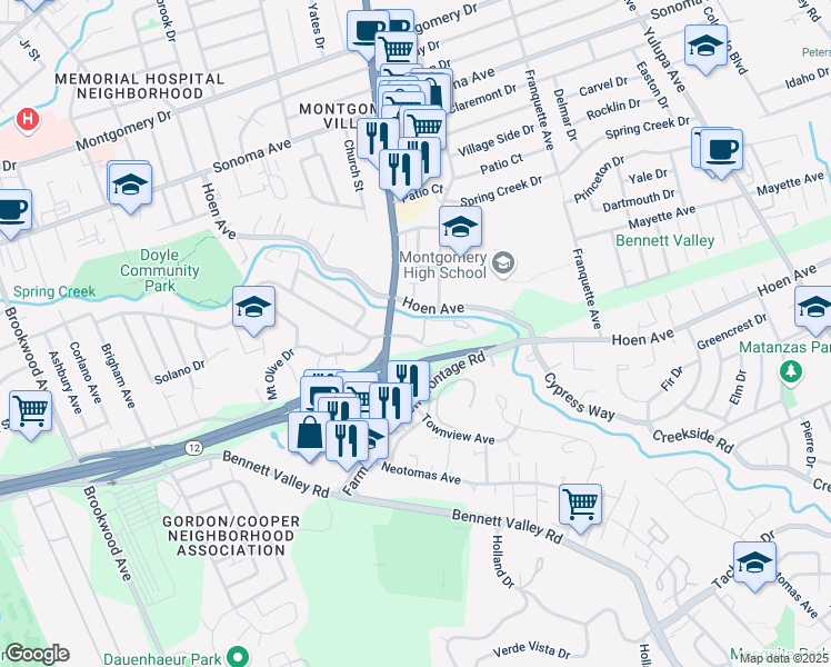 map of restaurants, bars, coffee shops, grocery stores, and more near 2529 Vallejo Street in Santa Rosa