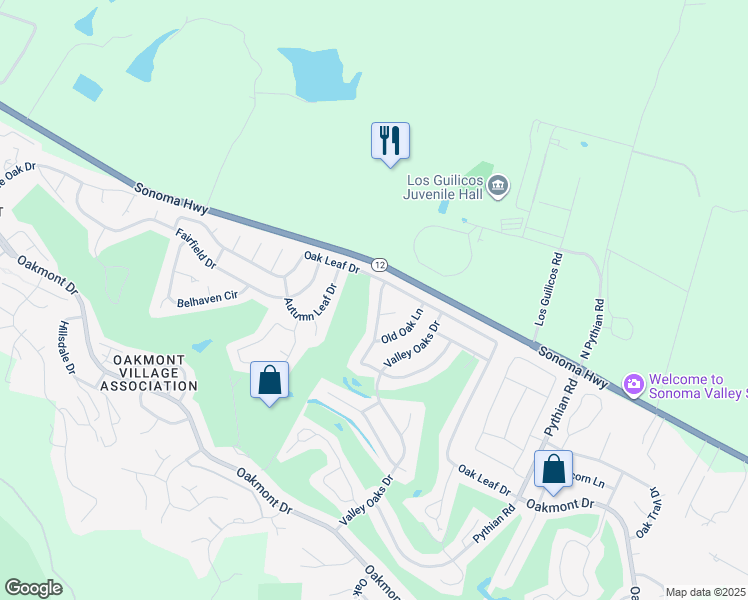 map of restaurants, bars, coffee shops, grocery stores, and more near 111 Oak Shadow Drive in Santa Rosa