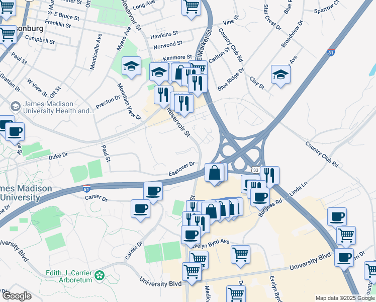 map of restaurants, bars, coffee shops, grocery stores, and more near 204 Governors Lane in Harrisonburg