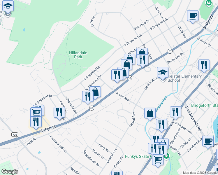 map of restaurants, bars, coffee shops, grocery stores, and more near 201 South Avenue in Harrisonburg