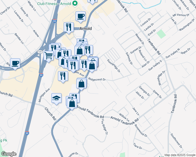 map of restaurants, bars, coffee shops, grocery stores, and more near in Arnold