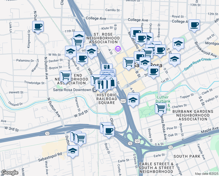 map of restaurants, bars, coffee shops, grocery stores, and more near 130 4th St in Santa Rosa