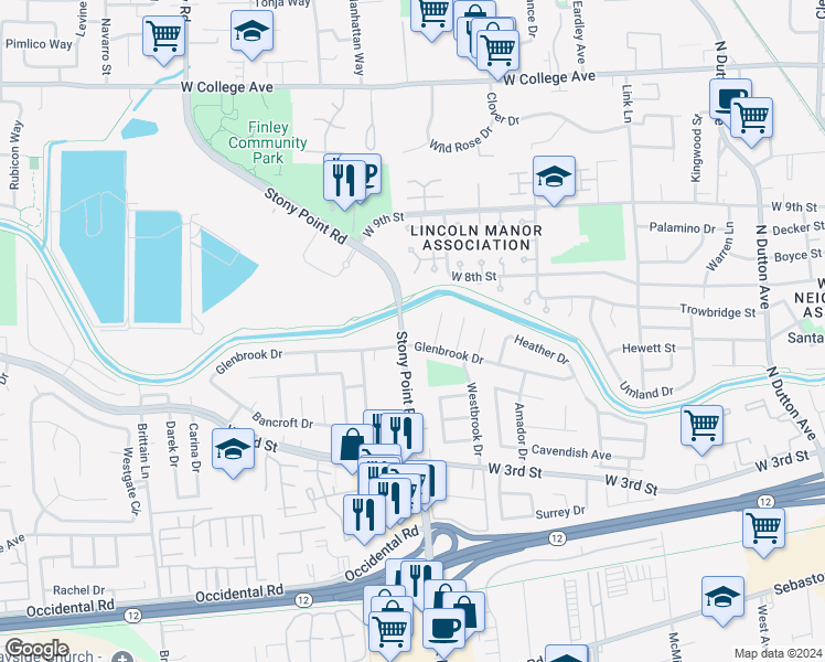 map of restaurants, bars, coffee shops, grocery stores, and more near 150 Stony Point Road in Santa Rosa