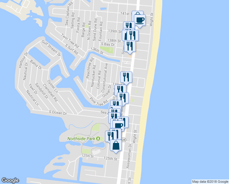 map of restaurants, bars, coffee shops, grocery stores, and more near 13200 Atlantic Boulevard in Ocean City