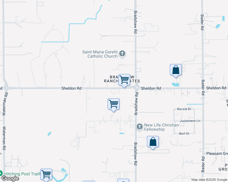 map of restaurants, bars, coffee shops, grocery stores, and more near 9630 Sheldon Road in Elk Grove