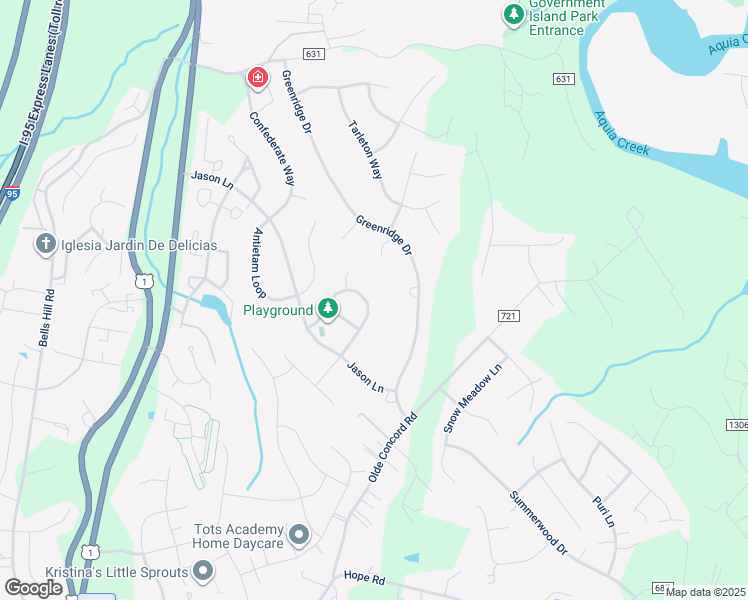 map of restaurants, bars, coffee shops, grocery stores, and more near 21 Kennesaw Drive in Stafford