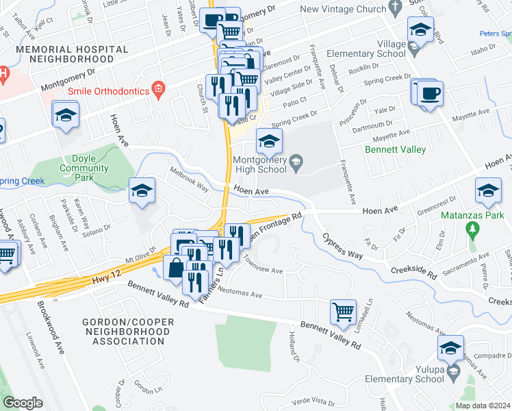 map of restaurants, bars, coffee shops, grocery stores, and more near 2577 Vallejo Street in Santa Rosa