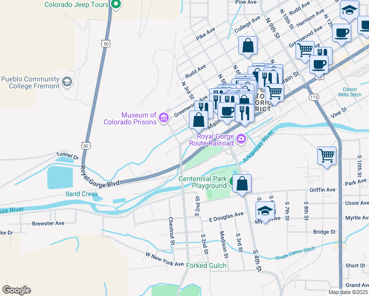 map of restaurants, bars, coffee shops, grocery stores, and more near 110 Main Street in Cañon City