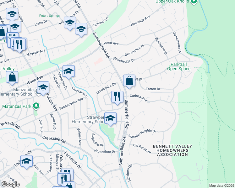 map of restaurants, bars, coffee shops, grocery stores, and more near 4229 Leafwood Circle East in Santa Rosa