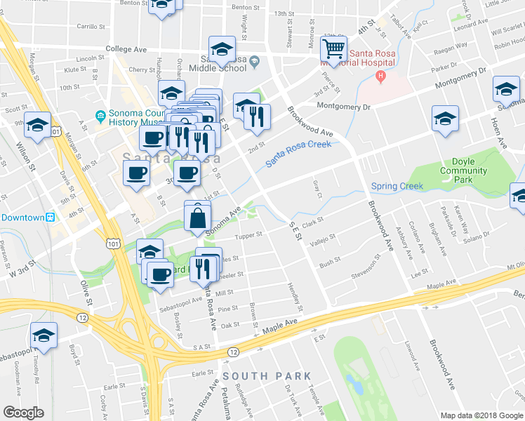 map of restaurants, bars, coffee shops, grocery stores, and more near 25 Rae Street in Santa Rosa