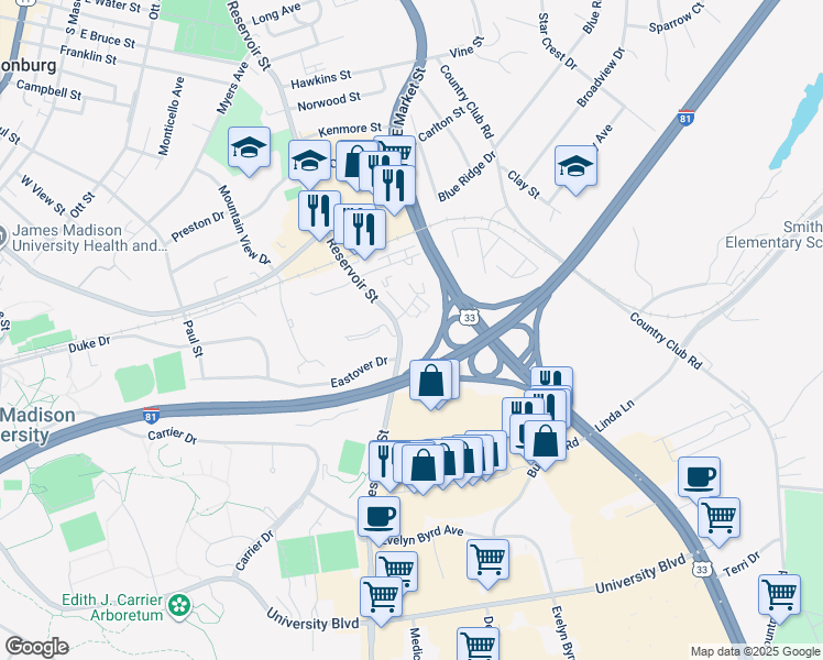 map of restaurants, bars, coffee shops, grocery stores, and more near 1450 Reservoir Street in Harrisonburg