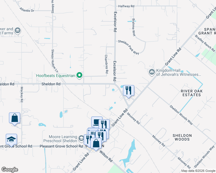 map of restaurants, bars, coffee shops, grocery stores, and more near 10474 Sheldon Road in Elk Grove