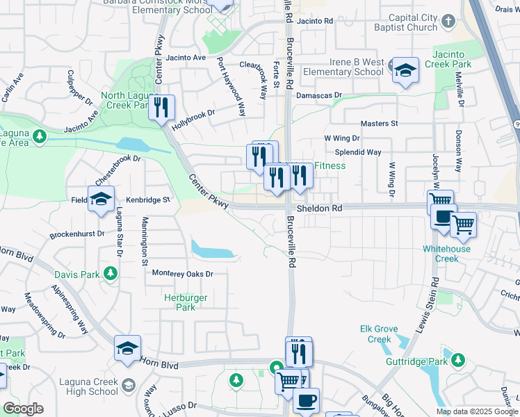 map of restaurants, bars, coffee shops, grocery stores, and more near 8798 Center Parkway in Elk Grove